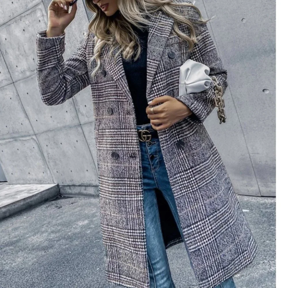 plaid Print Double Breasted Pea Overcoat jacket fall/winter - Picture 3 of 15